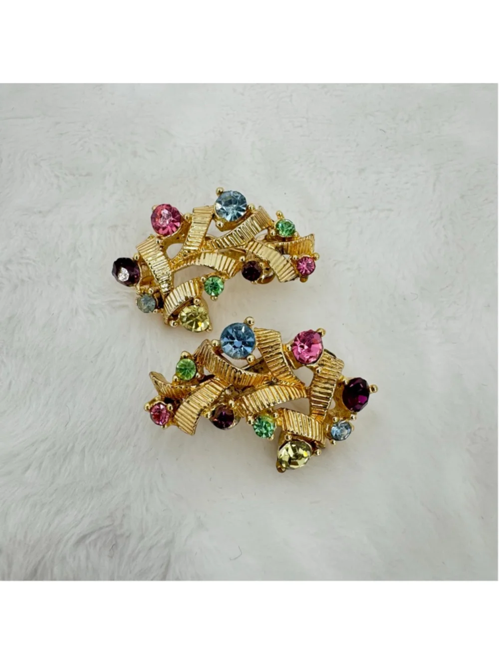Vintage Clip On Earrings Multicolor Rhinestones Gold Tone